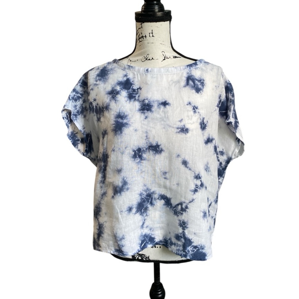 Rachel Zoe Tie Dye Linen Crop Blouse M Coastal Summer Festival Boho Back Buttons